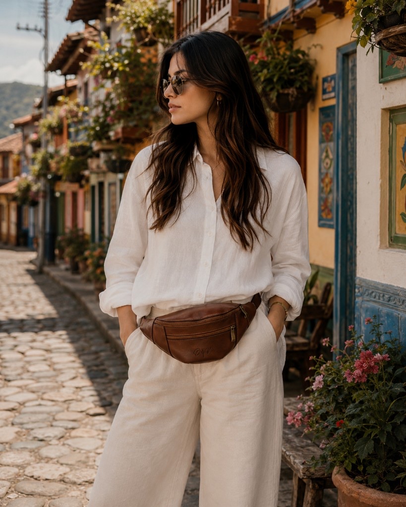 Riñonera en cuero cognac — calle colonial, Medellín